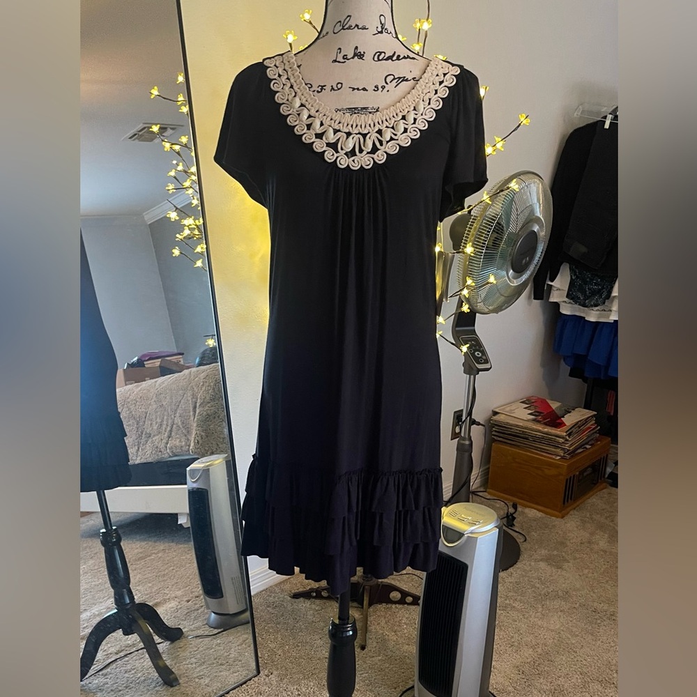 Lovely Black Dress with crochet neckline & Ruffled hem. Simple and Chic! - Picture 2 of 12